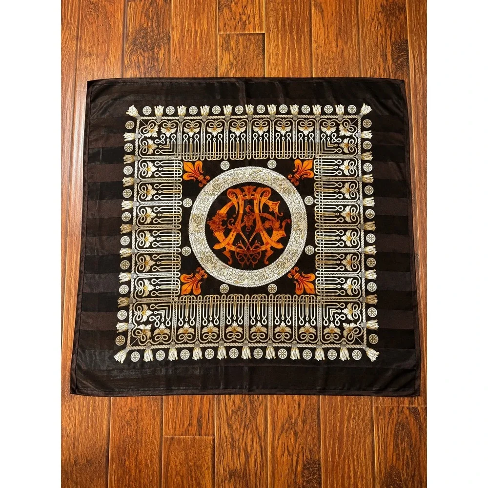 Vintage Square Scarf Womens 40x40 Brown Gold Baroque Fleur-De-Lis Good Condition